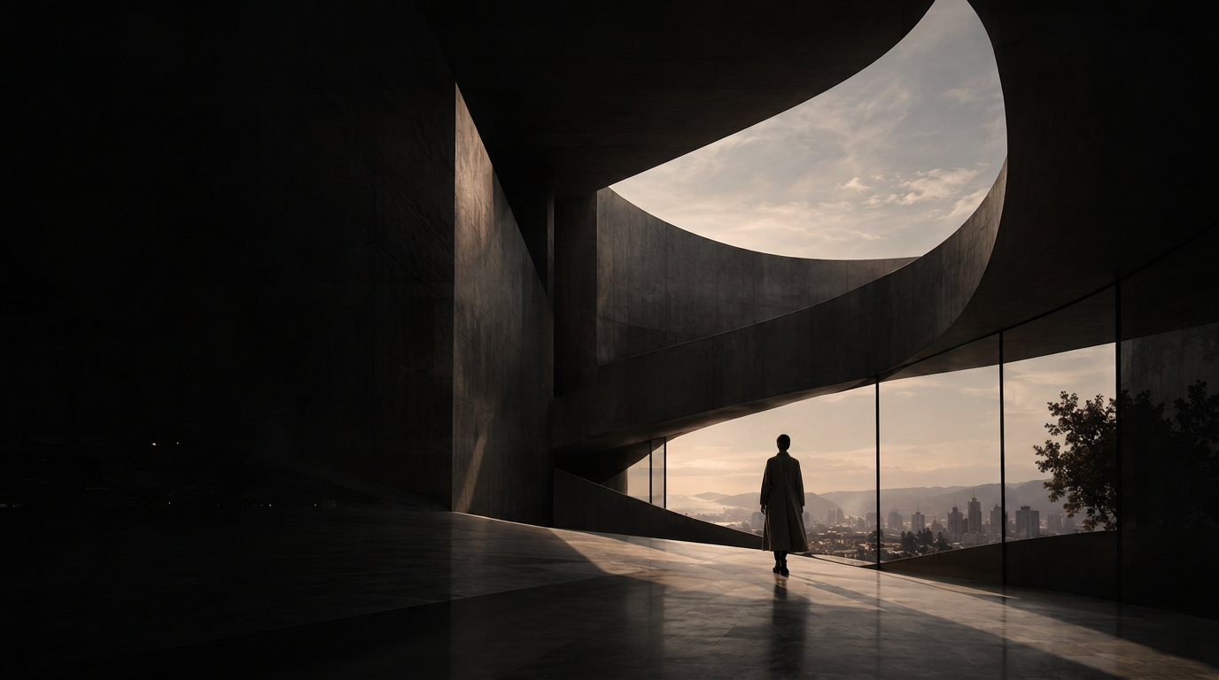 A lone figure in a sweeping concrete interior looking out over a city at dusk
