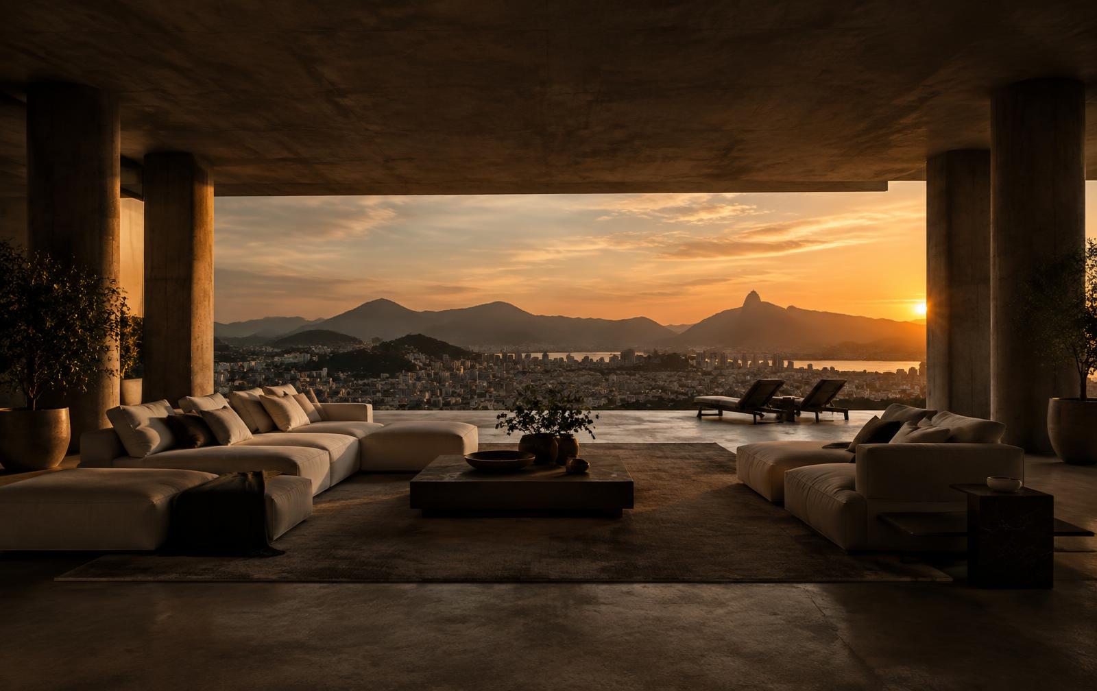 A covered concrete terrace framing a city and mountains at golden hour